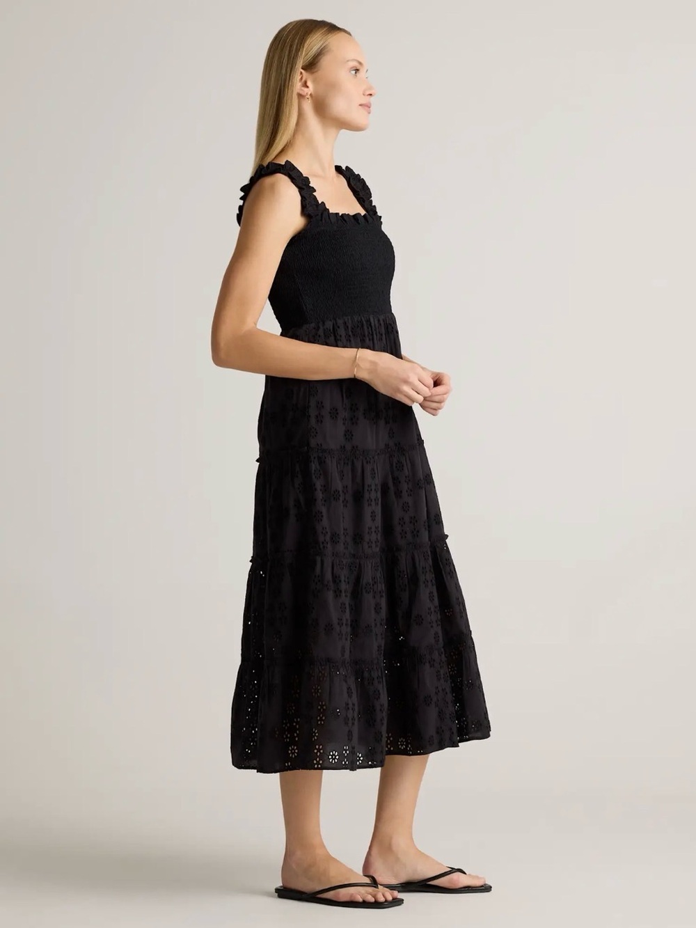 NWT Quince 100% Organic Cotton Eyelet Smocked Midi Dress - Picture 4 of 15